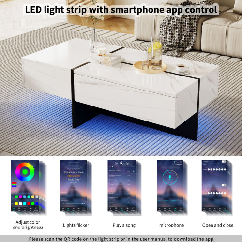 High Gloss Coffee Table, White Marble-Effect Structure With Matching Black Risers, Living Room Furniture,With App-Controlled LED Lighting System