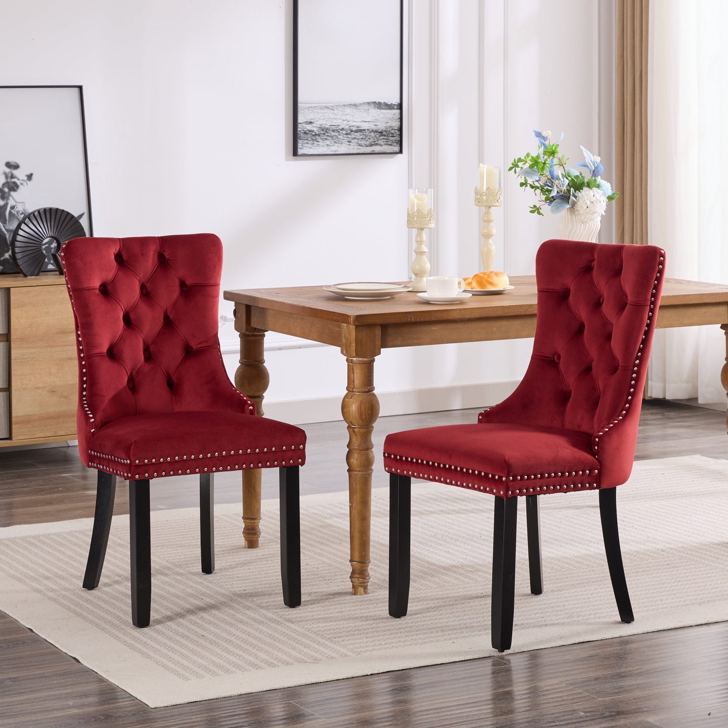 Classic Velvet Dining Chairs,  High-end Tufted Solid Wood Contemporary Velvet Upholstered Dining Chair With Wood Legs Nailhead, SET OF 2,Burgundy, Wine Red,SW2001WR
