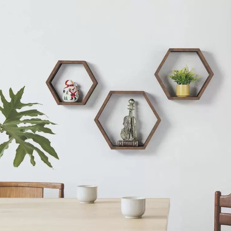 Wooden Household Wall-mounted Hexagonal Storage Rack Minimalist Shelf Living Room Background Decoration Shelf